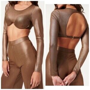NWT Good American Mesh Underwire Crop Top Long Sleeve Mocha Foil Size 2 / Medium
